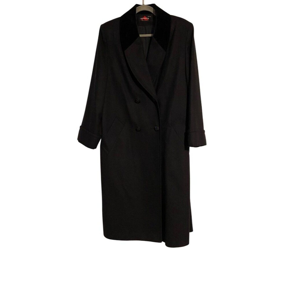 Alorna Petite Women's Size 12 Black Long Wool Coat Velvet Collar Winter Vintage
